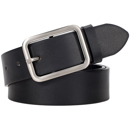 HOTWERFORU Women Classic Black Leather Belt With Square Silver Buckle For Jeans Pants,1.3" width