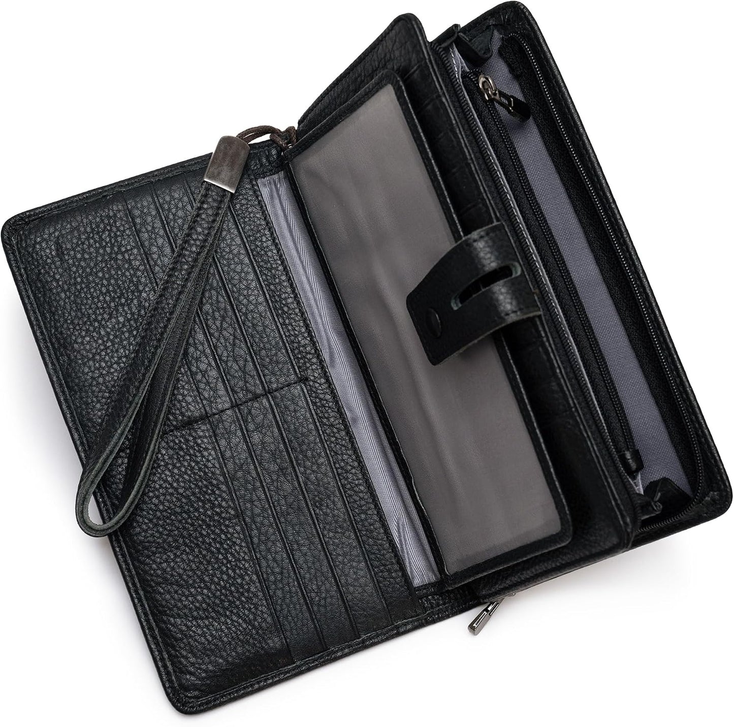 HOTBveyzi Women's Big Fat Rfid Leather Wristlet Wallet Organizer Large Phone Checkbook Holder with Zipper Pocket (Black)