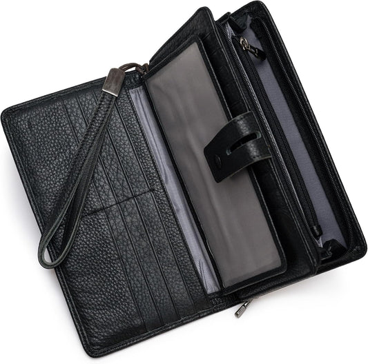HOTBveyzi Women's Big Fat Rfid Leather Wristlet Wallet Organizer Large Phone Checkbook Holder with Zipper Pocket (Black)
