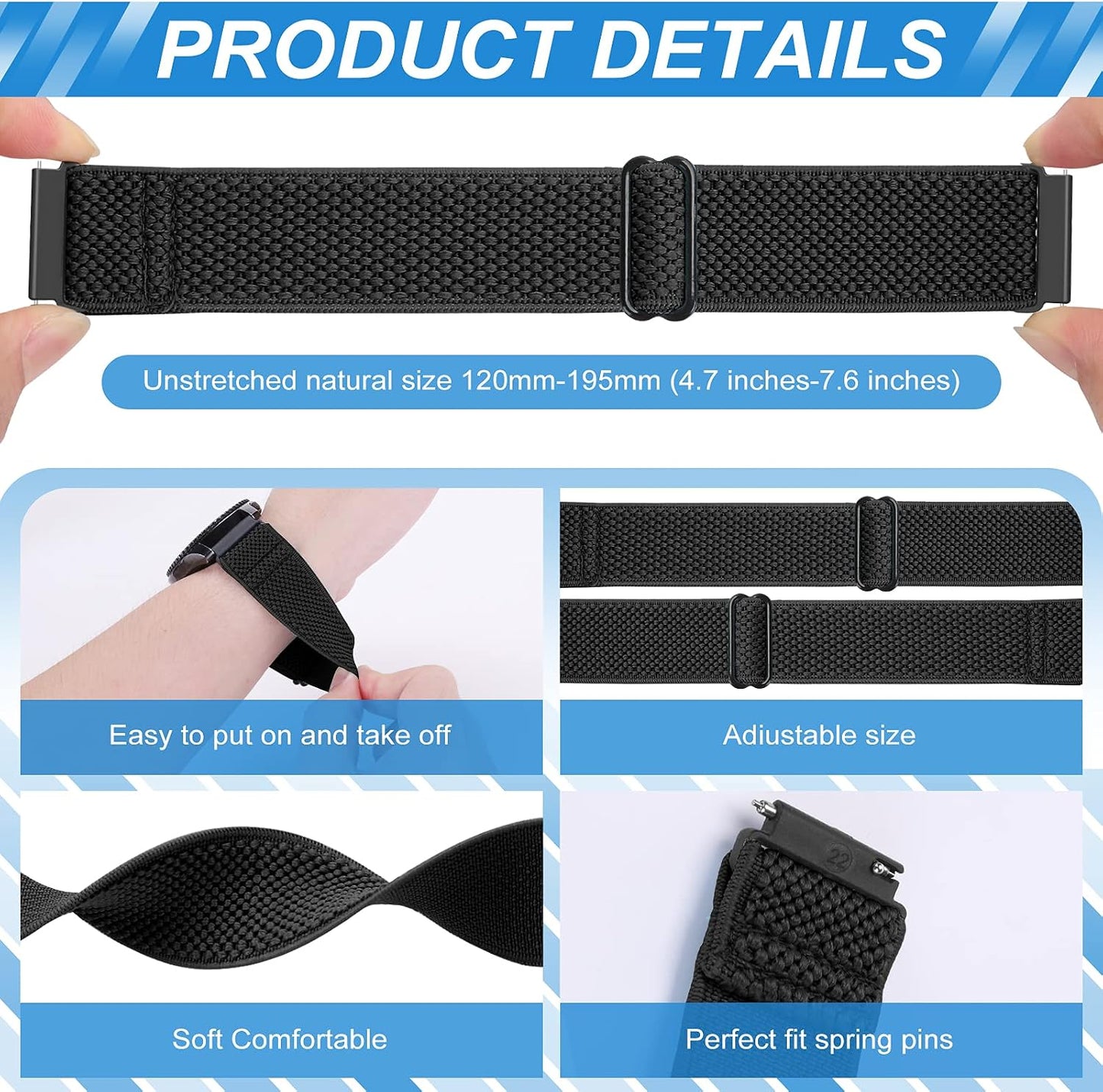 HOTCompatible with 16mm 18mm 19mm 20mm 22mm 24mm Watch Bands Quick Release Replacement Wristband,Adjustable Stretchy Nylon Solo Loop Straps Fabric Braided Sport Elastic Bands for Men Women