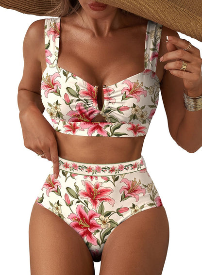 HOTHerseas Women's 2 Piece U Wire Cutout Bikini Sets Floral Print High Waisted Swimsuit 2026 Summer Beach Swim Bathing Suit