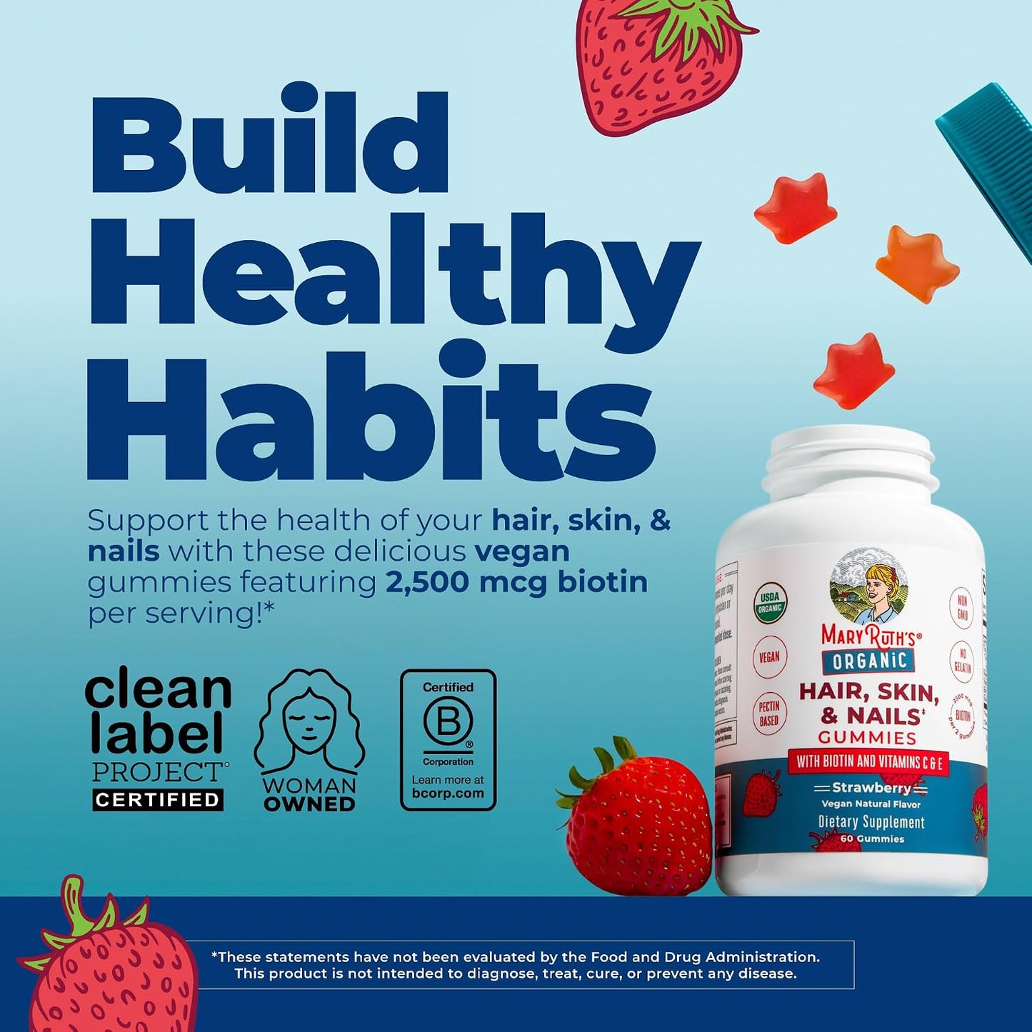 HOTMARYRUTH'S Hair Skin and Nail Vitamins | USDA Organic | 2500 mcg Biotin Gummies with Vitamin C & Vitamin E | Hair Growth Vitamins | Skin Care | Nail Growth | Ages 14+ | 60 Count