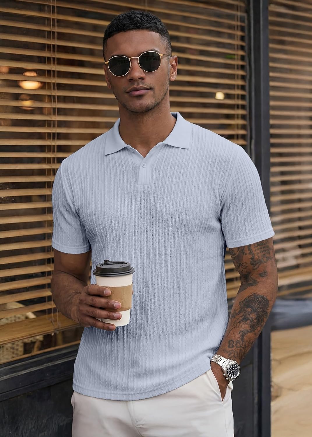 HOTJMIERR Mens Casual Polo Shirt Summer Short Sleeve Vacation Button Beach Knit Stretchy Golf Shirts