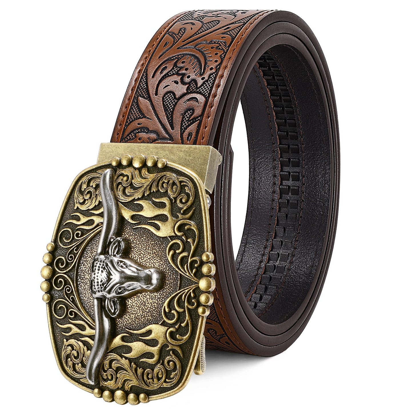HOTCowboy Western Ratchet Belt for Men Women with Automatic Western Buckle, Ratchet Cowboy Leather Belt for Jeans Gifts