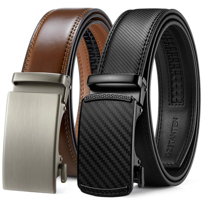 HOTBOSTANTEN Ratchet Leather Belt For Men 2 Pack Dress and Casual with Adjustable Buckle, Trim to Fit
