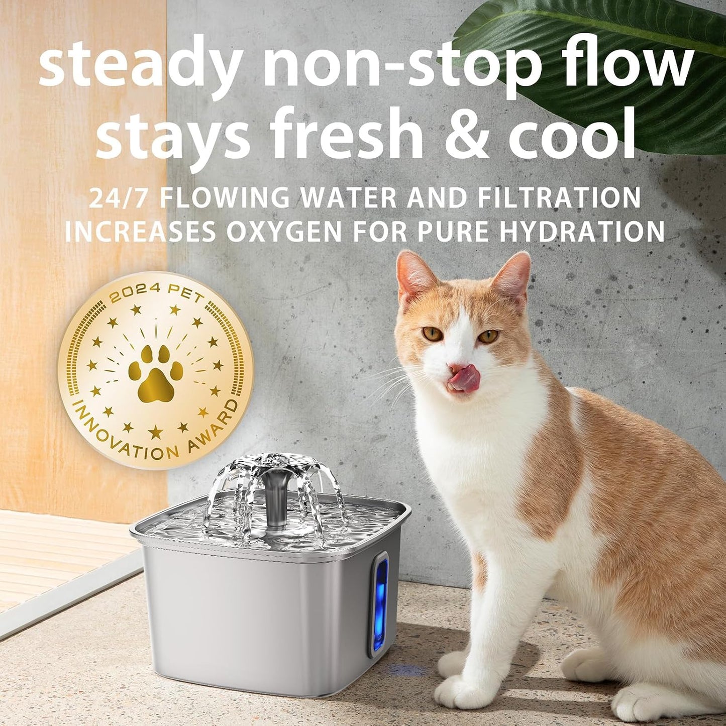 HOTVeken Innovation Award Winner Stainless Steel Cat Water Fountain, 108oz/3.2L Automatic Pet Fountain Dog Water Dispenser with 3 Replacement Filters & Silicone Mat, Gifts for Cats, Dogs (Silver)