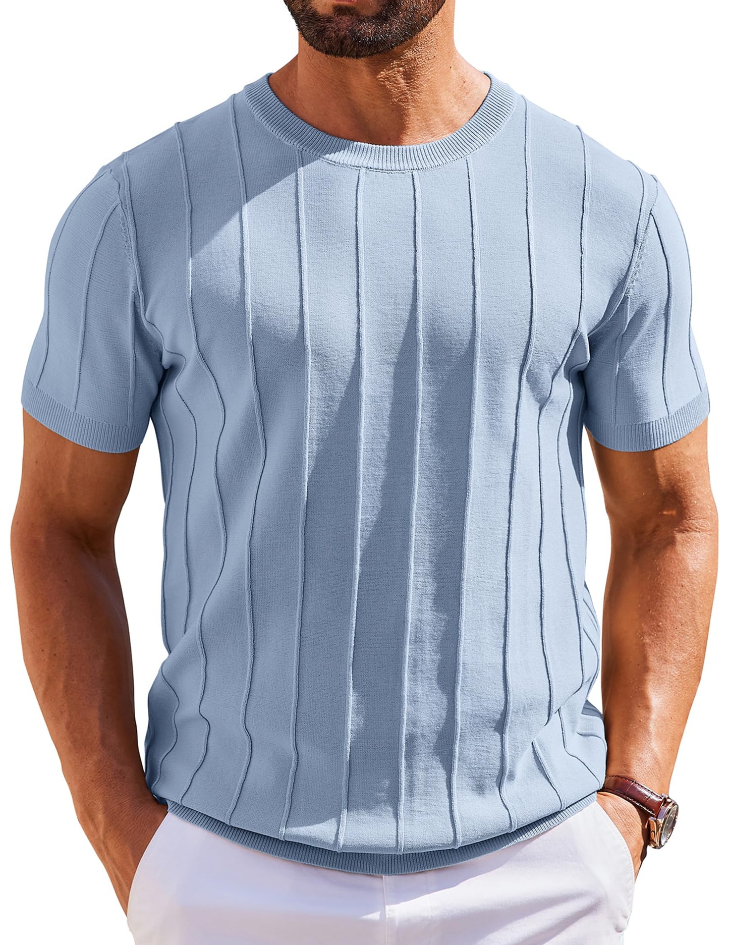 HOTCOOFANDY Men's T- Shirts Short Sleeve Knit Sweater Shirt Casual Crewneck Ribbed Pullover Tees