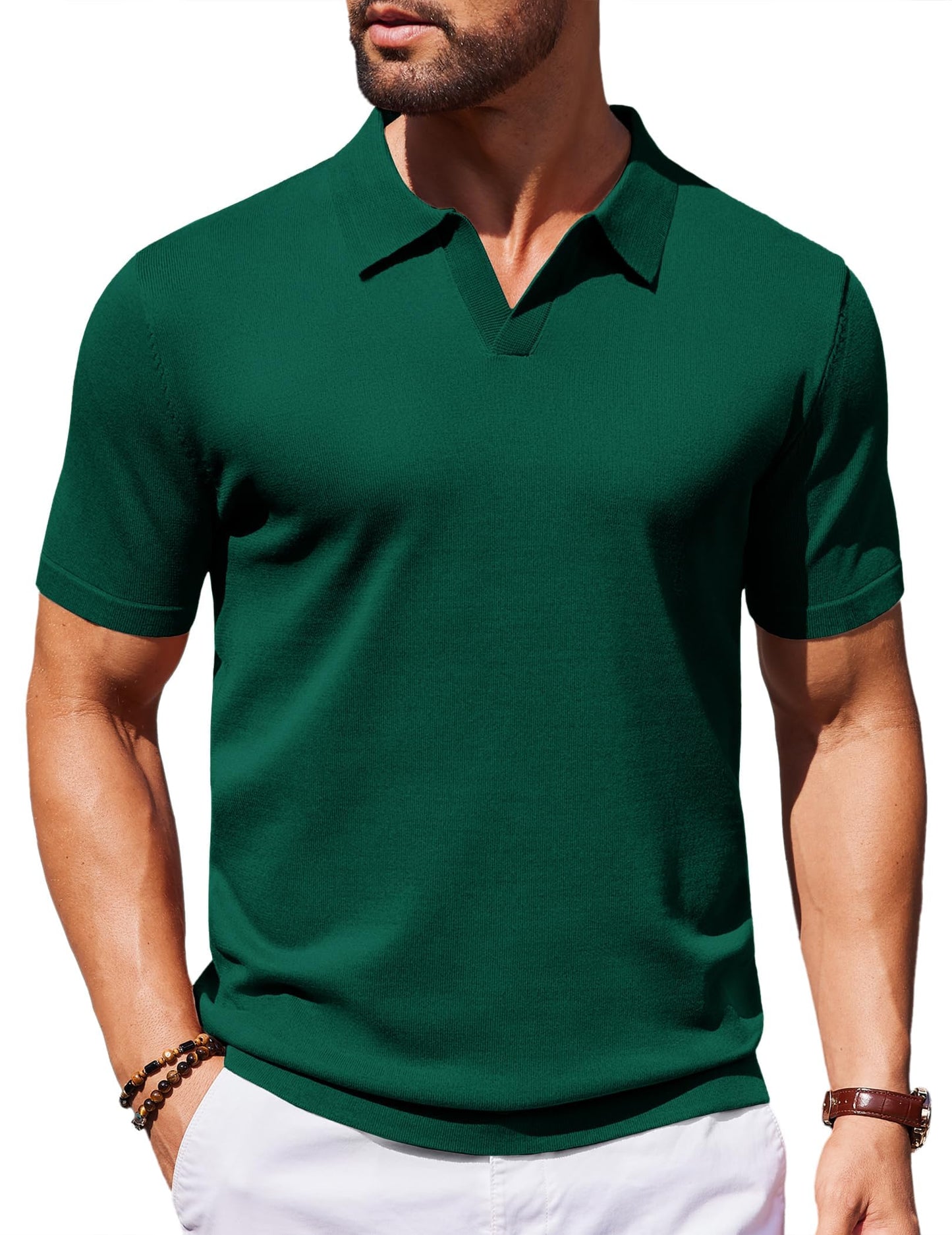 HOTCOOFANDY Men's V Neck Short Sleeve Stretch Knit Polo Shirt