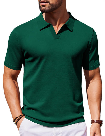 HOTCOOFANDY Men's V Neck Short Sleeve Stretch Knit Polo Shirt