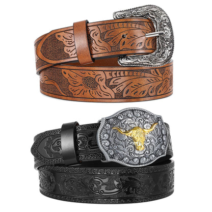 HOTWERFORU 2 Pack Women Western Leather Belts for Jeans Western Belts with Big Buckle Country Belts for Cowgirls