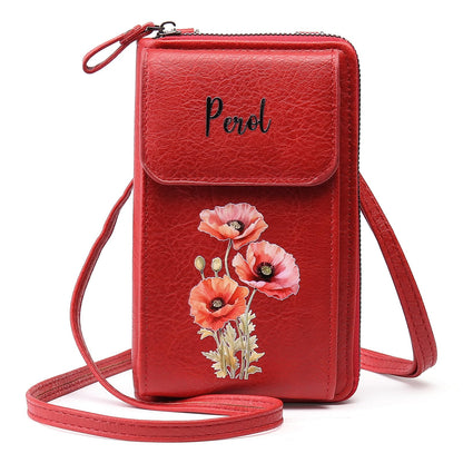 HOTCustom Leather Birthflower Money Clip Wallet Personalized Engraved Name Hold Phone Purse with Wrist Strap for Women Mom Sister Christmas Birthday Valentine's Day Gifts