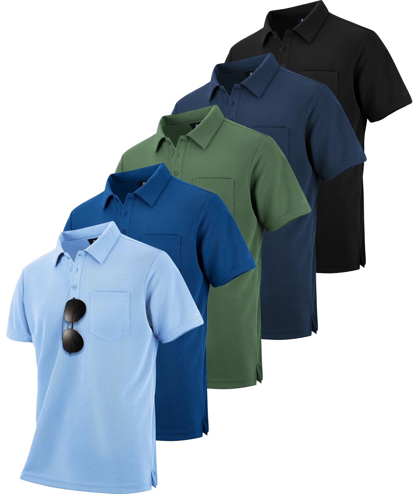 HOTZITY 5 Pack Polo Shirts for Men with Pocket Dry Quickly Short Sleeve Athletic Outdoor Work Collared Shirts