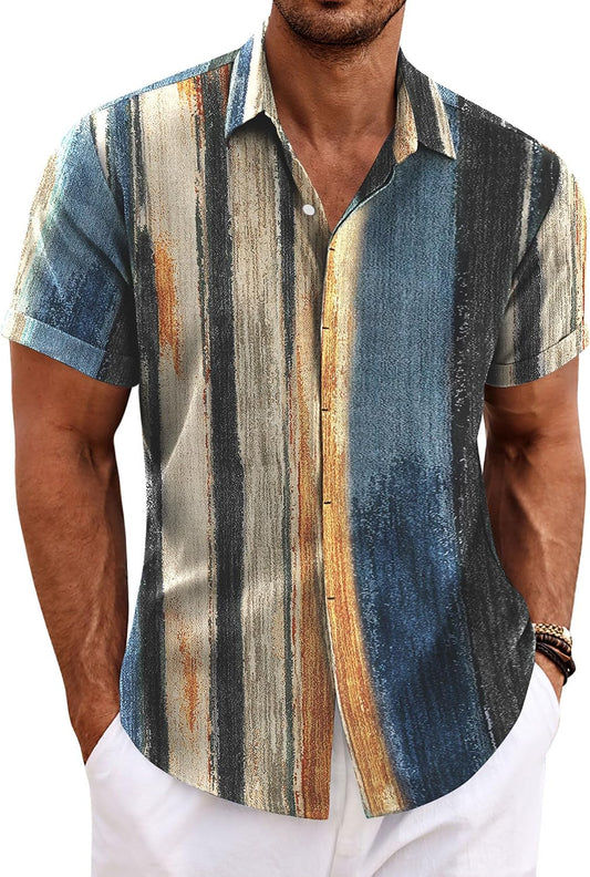 HOTCOOFANDY Men's Linen Shirts Short Sleeve Casual Shirts Button Down Shirt for Men Beach Summer Wedding Shirt