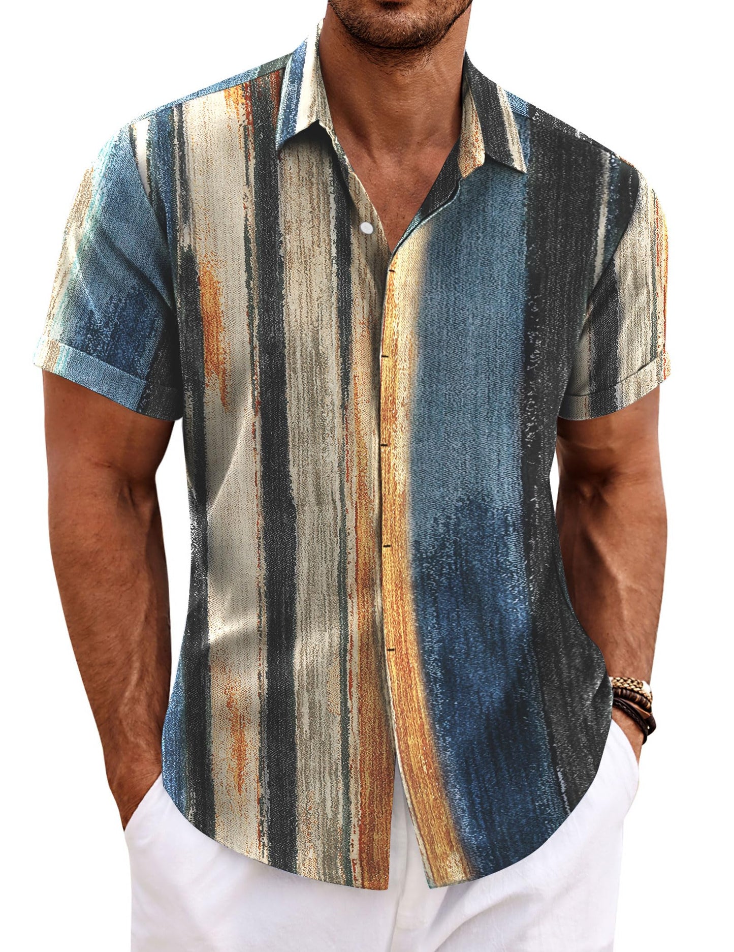 HOTCOOFANDY Men's Linen Shirts Short Sleeve Casual Shirts Button Down Shirt for Men Beach Summer Wedding Shirt