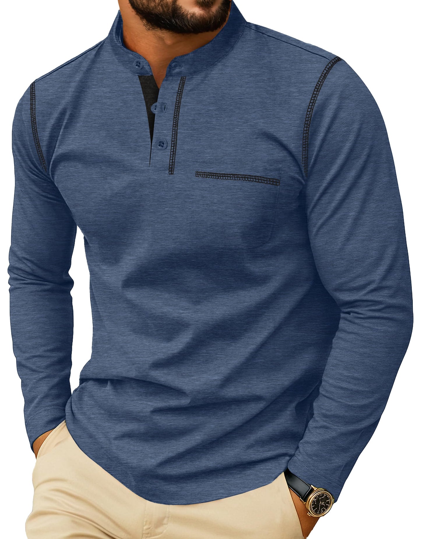 HOTSailwind Men's Henley Shirts Long Sleeve Button T-Shirt Casual Stylish Cotton Pullover Shirt with Pocket