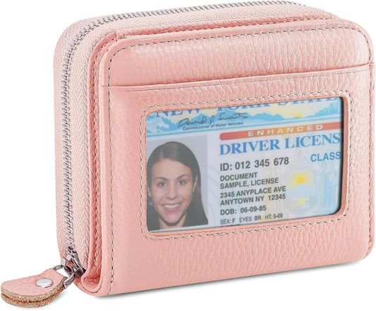 HOTGenuine Leather Wallet for Women & Men, RFID Blocking Bifold with ID Window and Multiple Card Pockets (Aa-Light pink)