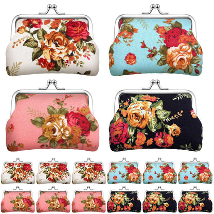 HOT48 Pcs Vintage Canvas Floral Kiss Lock Coin Purses Bulk Rose Flower Change Wallets Gifts for Mother Day Women(4 x 3 Inch)