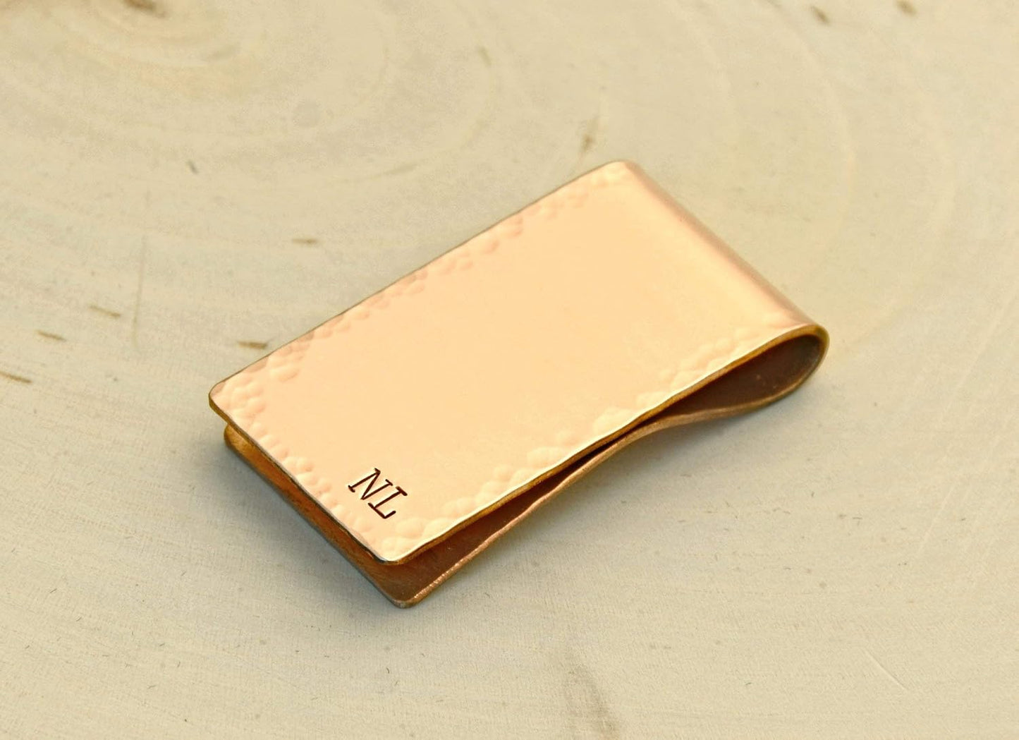 HOTPersonalized copper money clip with initials and hammered border
