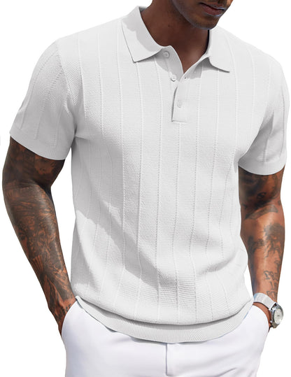 HOTCOOFANDY Mens Knit Polo Shirts Short Sleeve Ribbed Textured Polo Shirt Lightweight Casual Golf Shirts Collared T Shirt
