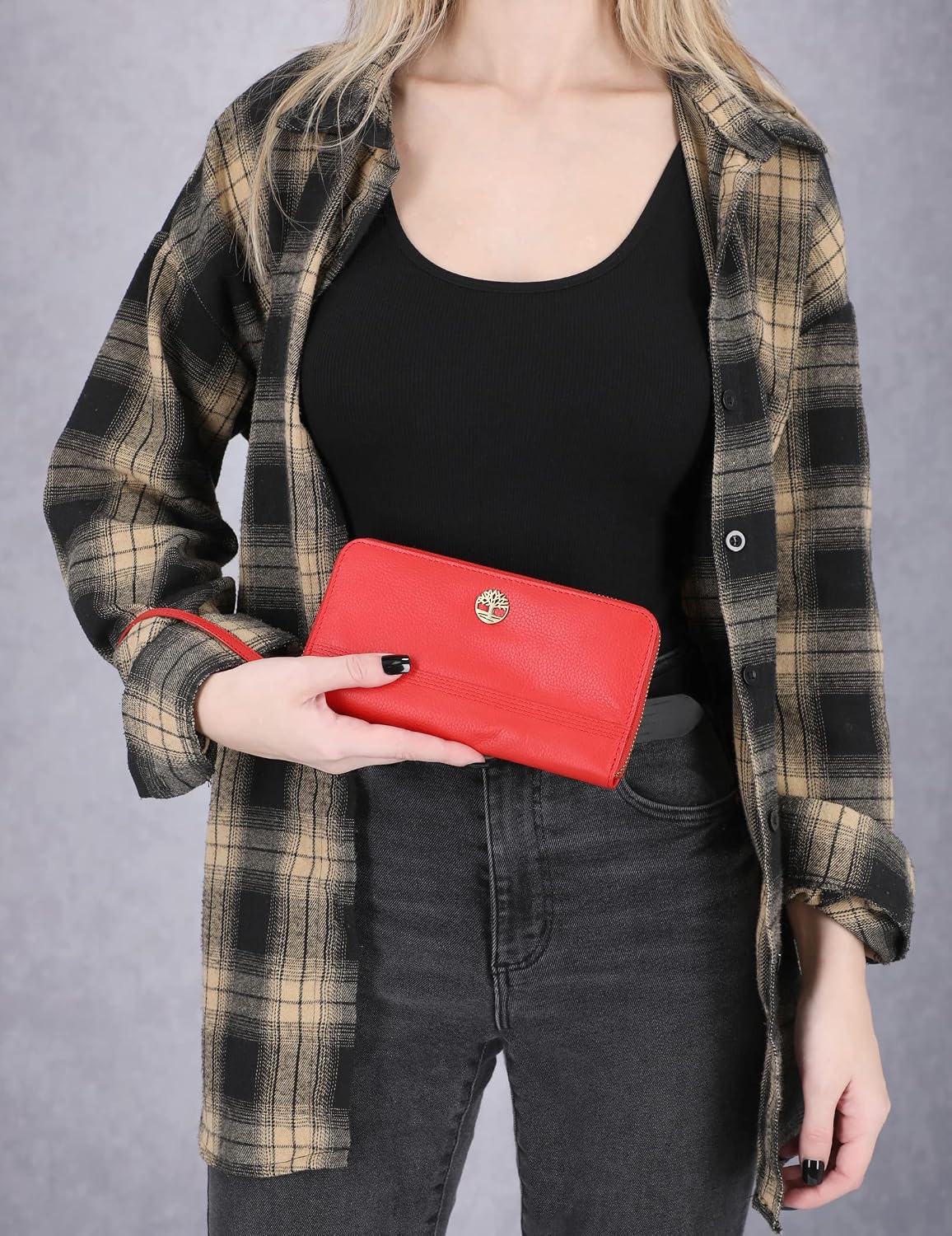 HOTTimberland Leather RFID Flap Wallet Clutch Organizer, Cherry (Pebble)