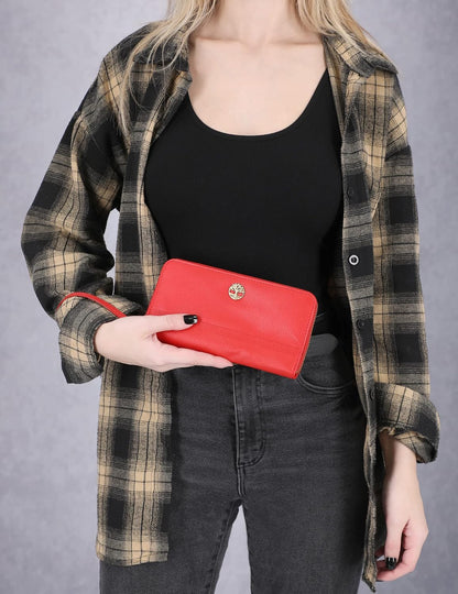 HOTTimberland Leather RFID Flap Wallet Clutch Organizer, Cherry (Pebble)