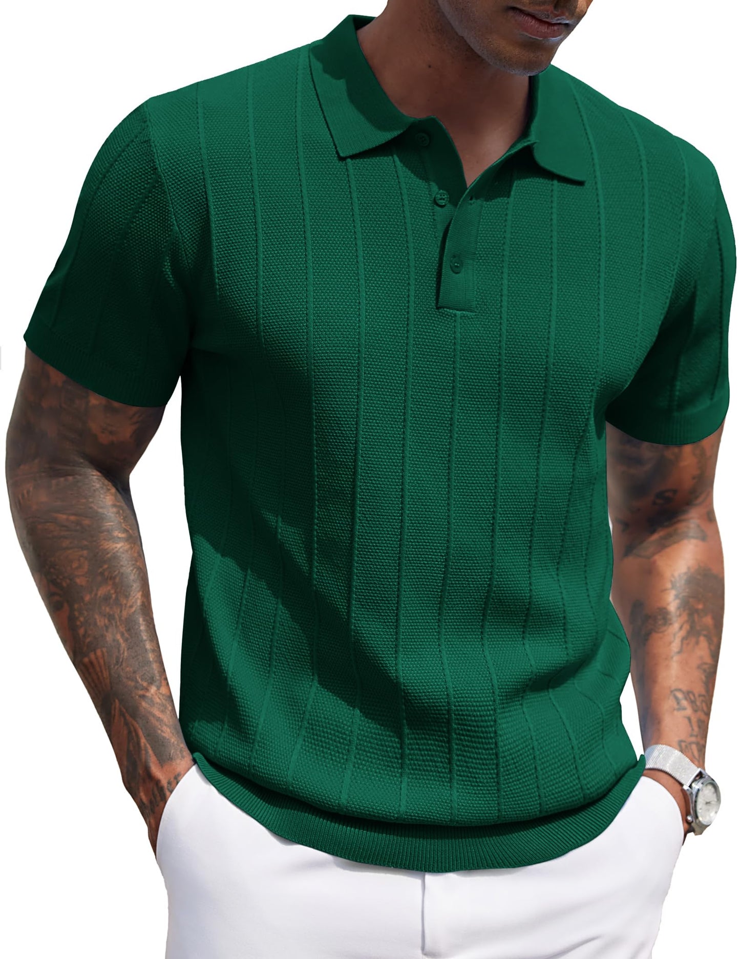 HOTCOOFANDY Mens Knit Polo Shirts Short Sleeve Ribbed Textured Polo Shirt Lightweight Casual Golf Shirts Collared T Shirt