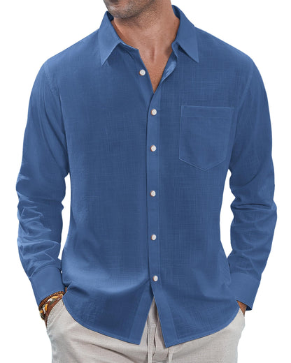 HOTJ.VER Men's Linen Shirts Casual Button Down Long Sleeve Shirt Solid Spread Collar Summer Beach Shirts with Pocket