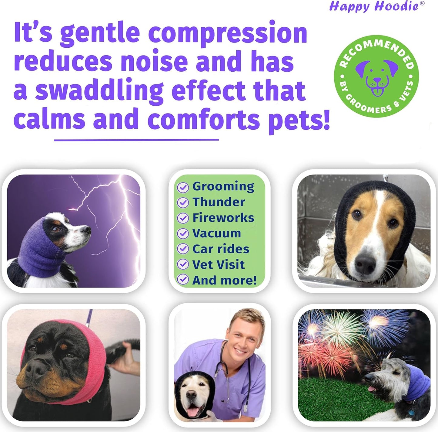 HOTHappy Hoodie The Original Dog & Cat Calming Band - American Brand - Anxiety Relief/Noise Protection - Grooming - Thunder - Fireworks (Large, Black) - Since 2008