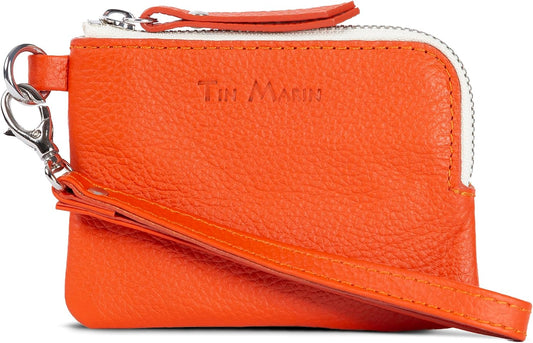 HOTGina Leather Top Zip Wallet - Slim Zippered Card Pouch, Genuine Cowhide Pebbled Leather, Artisan Made, Unisex Leather Small Wallet (Orange)
