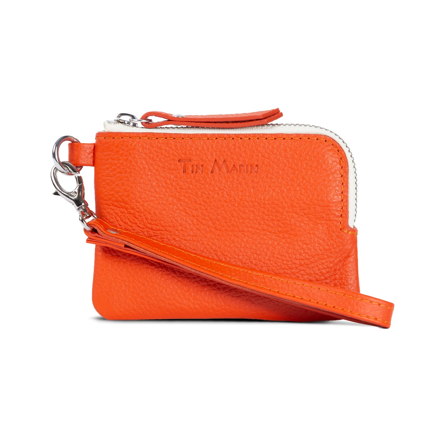 HOTGina Leather Top Zip Wallet - Slim Zippered Card Pouch, Genuine Cowhide Pebbled Leather, Artisan Made, Unisex Leather Small Wallet (Orange)