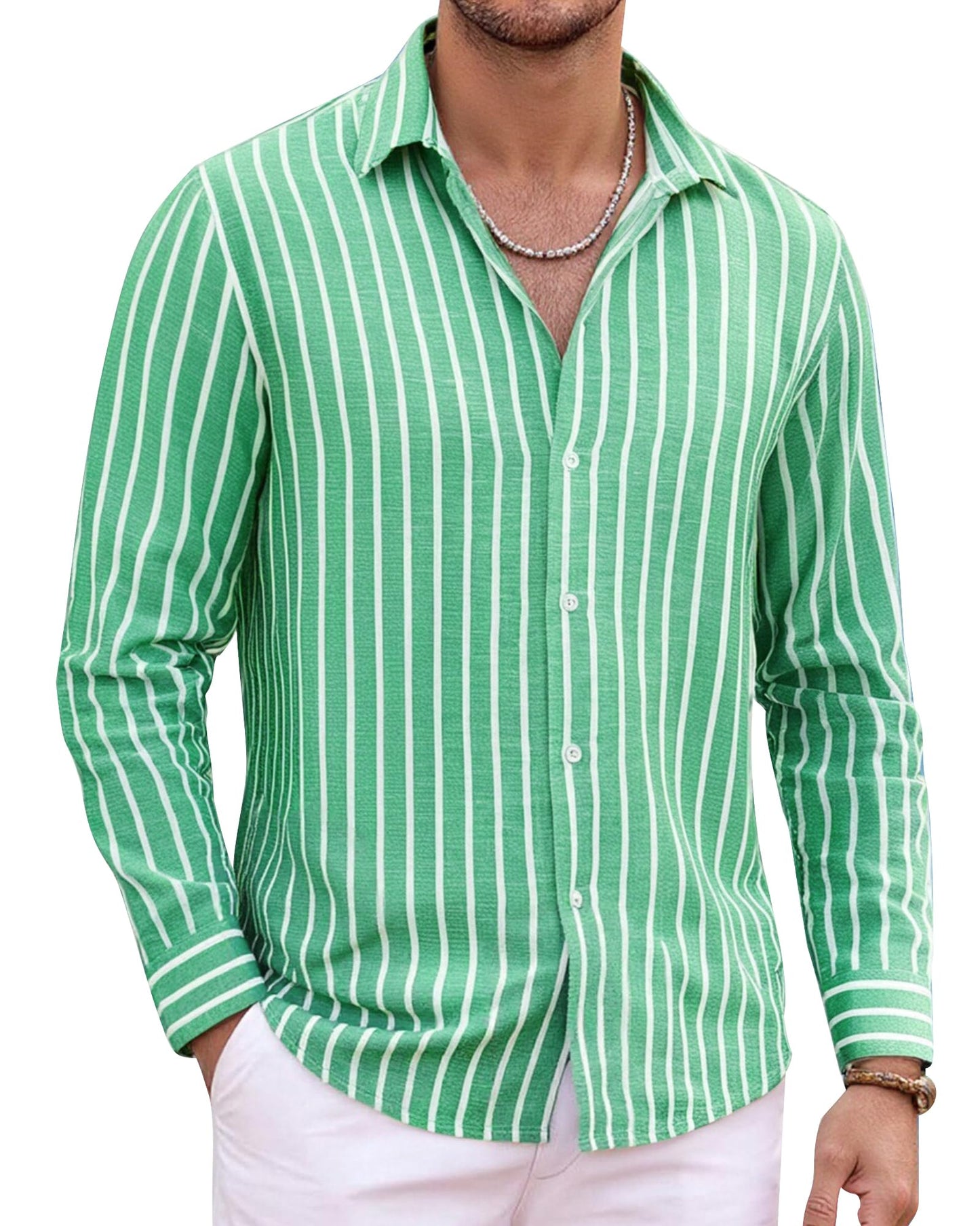 HOTAlex Vando Mens Linen Shirts Long Sleeve Button Down Striped Beach Shirt | Breathable Skin-Friendly Anti-Shrink Fabric, Classic Stripes For Casual Style, All-Day Comfort, Easy Care