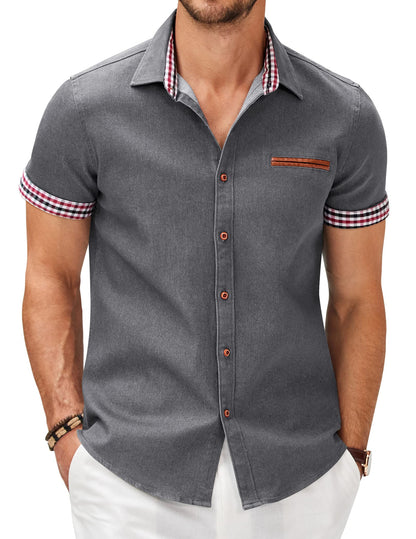 HOTCOOFANDY Men's Cotton Casual Short Sleeve Button Down Shirt Plaid Collar Denim Work Shirts