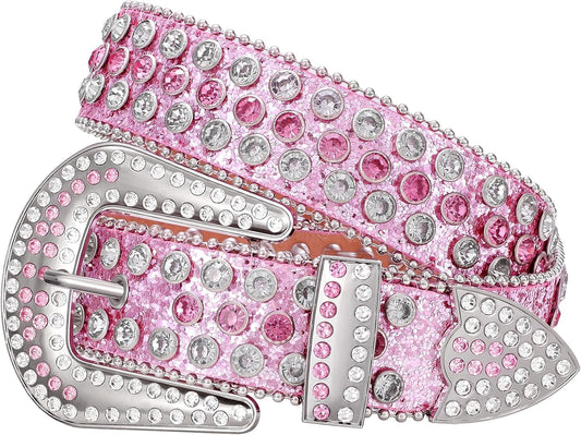 HOTWERFORU Women Men Western Rhinestone Studded Leather Belt Unisex Bling Cowgirl Cowboy Waist Belt for Jeans Pants Dress