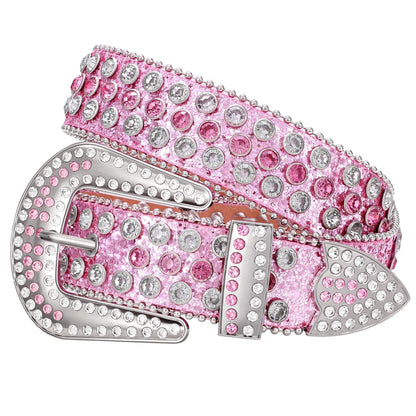 HOTWERFORU Women Men Western Rhinestone Studded Leather Belt Unisex Bling Cowgirl Cowboy Waist Belt for Jeans Pants Dress