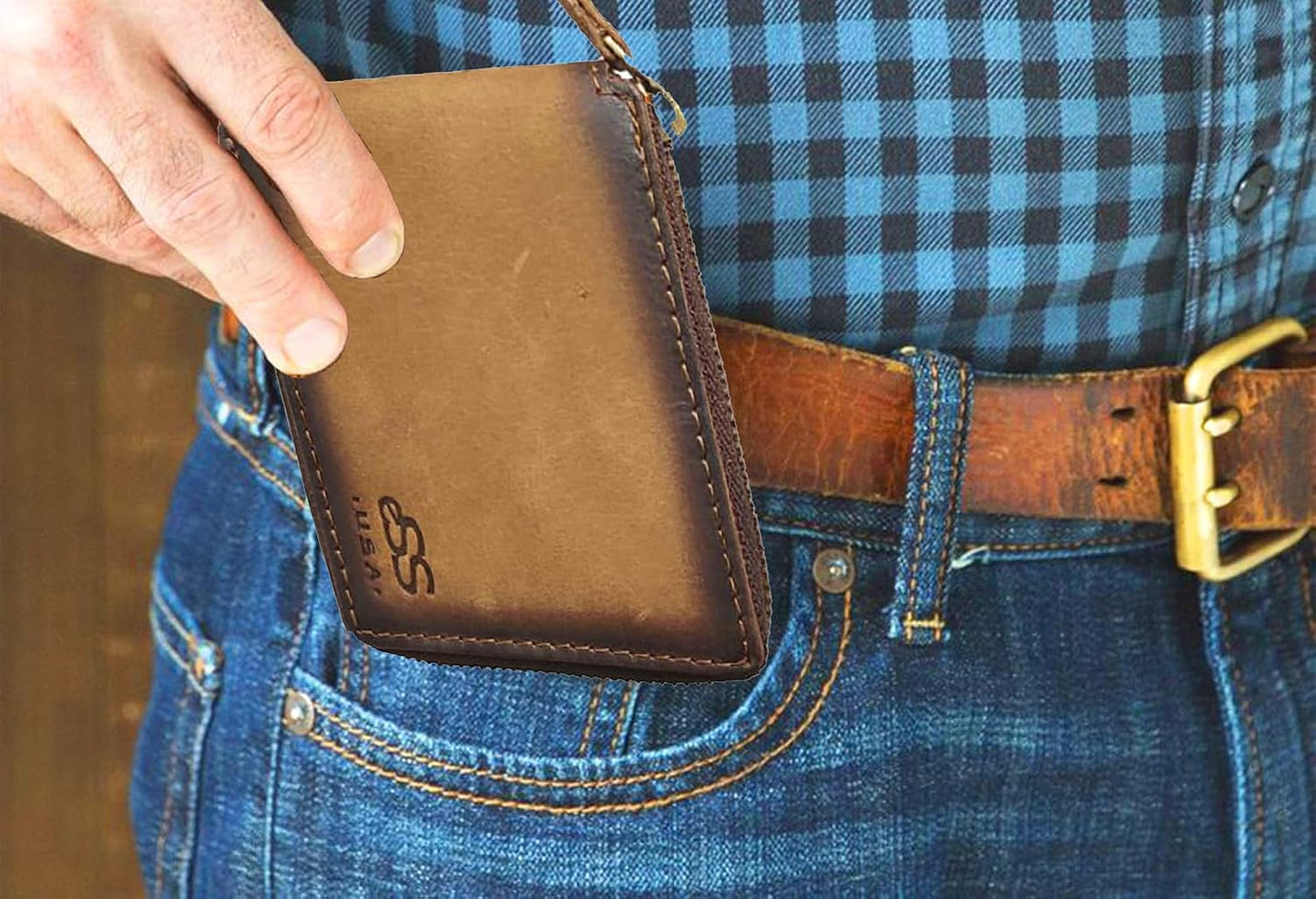 HOTESS Mens Zipper Wallet Handmade Teak Leather Bifold – Credit Card Holder | Zipper Closure with Zip Coin Pocket Compact Minimalist Wallet Multiple Credit Card Slots Size (4.25" x 3.50")
