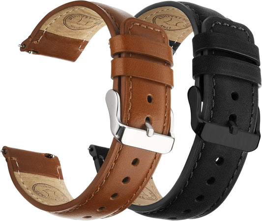 HOTFullmosa 20mm Quick Release Leather Watch Bands for Garmin Samsung Galaxy | 2 Pack Straps for Vivoactive 6/5, Venu Sq/Sq 2, Samsung Galaxy 7/6/5, Gear S2 Classic, Toffee Brown+Silver/Black+Black