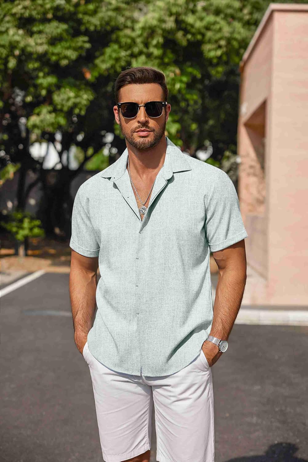 HOTCOOFANDY Men's Linen Shirts Short Sleeve Casual Shirts Button Down Shirt for Men Beach Summer Wedding Shirt
