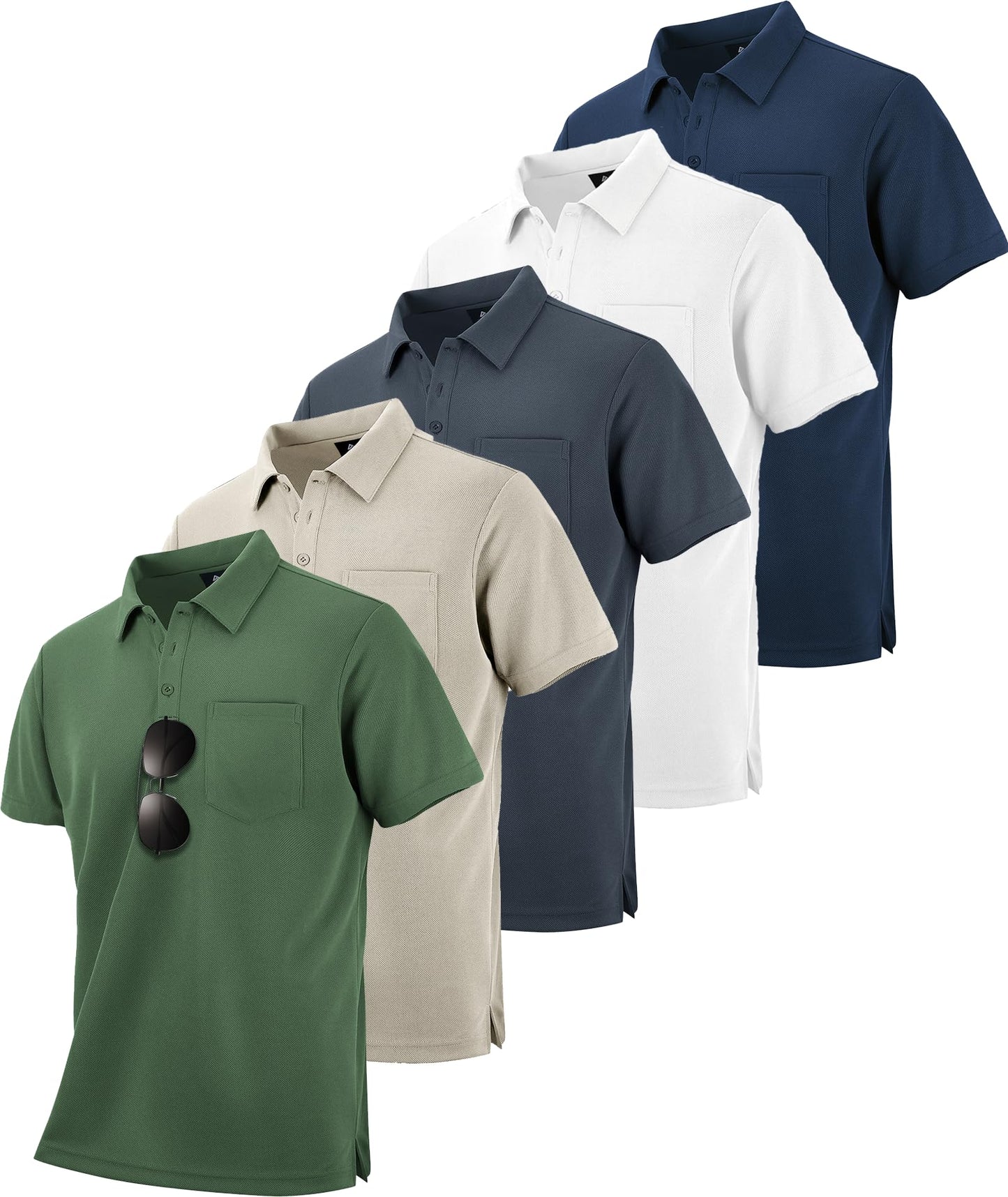 HOTSCODI 5 Pack Mens Pocket Polo Shirts Short Sleeve Multipack Golf Shirt for Men Moisture Wicking Casual Athletic Work T-Shirts