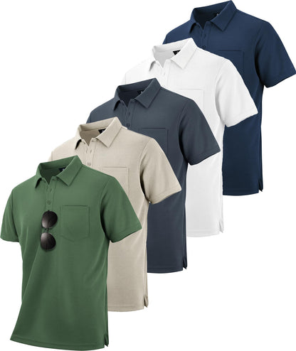 HOTSCODI 5 Pack Mens Pocket Polo Shirts Short Sleeve Multipack Golf Shirt for Men Moisture Wicking Casual Athletic Work T-Shirts