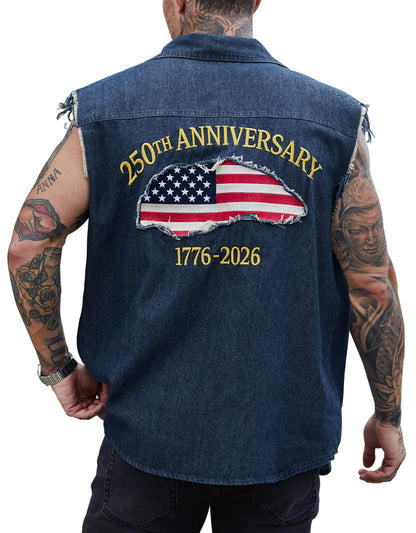 HOTMainfini Men's American Flag Denim Vest 4th of July Sleeveless Jacket With Pockets (S-XXL)