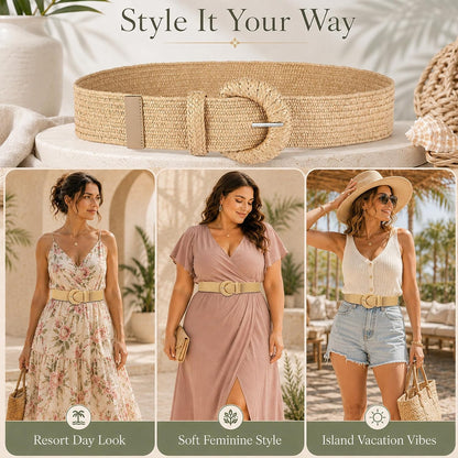 HOTStraw Belts for Women Stretchy Woven Belt with Oval Buckle Elastic Belt for Dress Boho Waist Belt