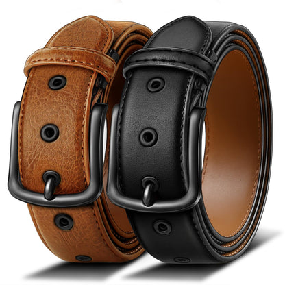 HOTBULLIANT 2-Pack Leather Belt for Men 1 3/8"-7 Eyelets-Gift Boxed | 7 Grommets Adjustable Range | Versatile for Golf Dress Casual Jeans