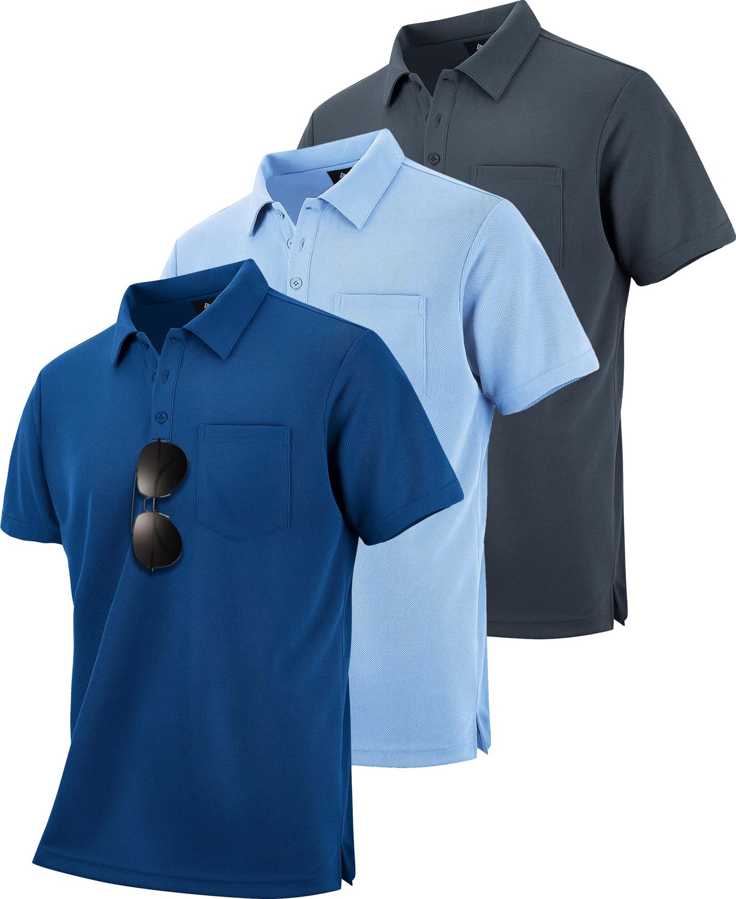 HOTZITY Men's 3 Pack Polo Shirts Short Sleeve with Pocket Moisture Wicking Casual Work Golf Lightweight Collared T-Shirts