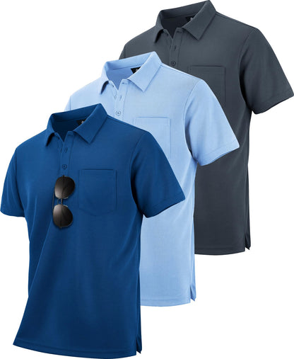 HOTZITY Men's 3 Pack Polo Shirts Short Sleeve with Pocket Moisture Wicking Casual Work Golf Lightweight Collared T-Shirts