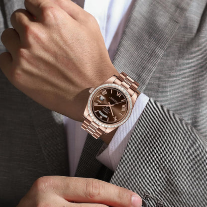 HOTNIBOSI Men's Watches Analog Quartz Diamond Bezel Stainless Steel Dial Rose Gold Silver Watches for Men Waterproof Business Classic Dress Wrist Watch with Day Date