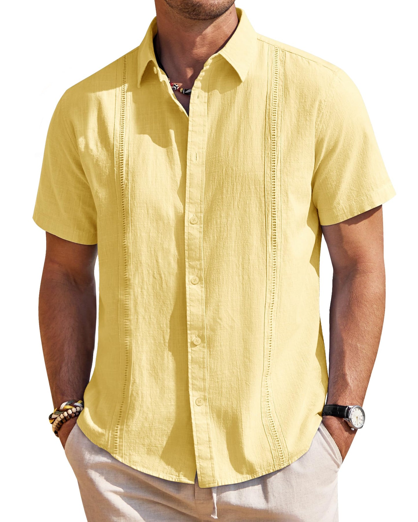 HOTMens Linen Textured Shirt Short Sleeve Button Down Cuban Guayabera Shirt | 100% Cotton, Casual Wear, Lightweight Breathable, Summer Beach, Untucked, Relaxed Fit, Vacation, Cruise, Camp, Collared