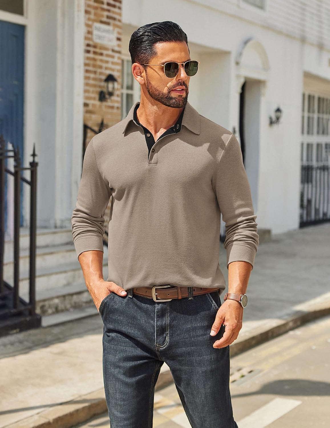 HOTCOOFANDY Mens Long Sleeve Polo Shirts Classic CasualButton Collared PoloTee