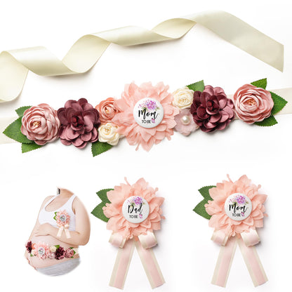 HOTBaby Shower Sash Decorations Mom to Be Corsage Gift Dad to Be Pin 3Pack Set Flower Belt for Maternity Dress - Gender Reveal Pregnancy Photo Props
