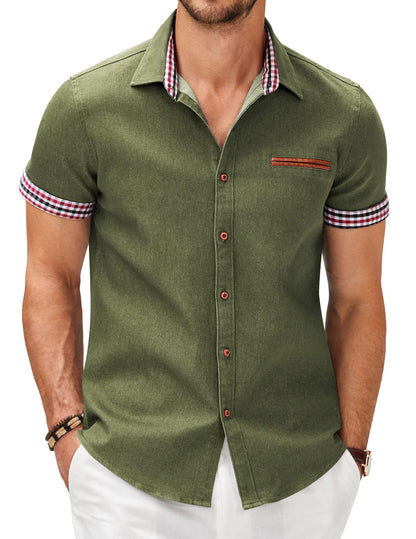 HOTCOOFANDY Men's Cotton Casual Short Sleeve Button Down Shirt Plaid Collar Denim Work Shirts