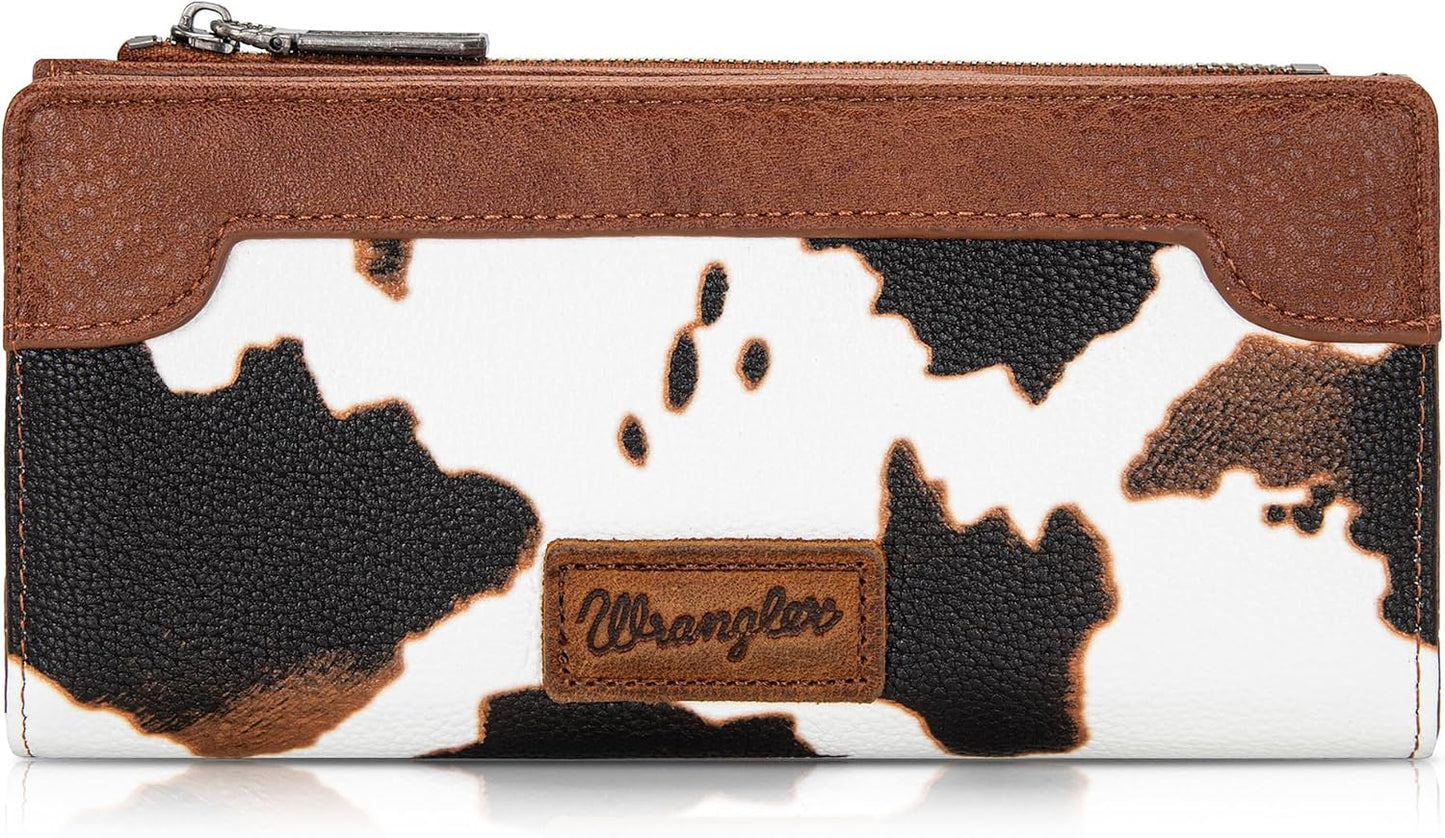 HOTMontana West Wrangler Cow Print Wallets Womens Bifold Credit Card Wallet Women's Wallets, Card Cases & Money Organizers Brown Wallet for Women Ladies Female Cash Wallett with Smooth Zipper